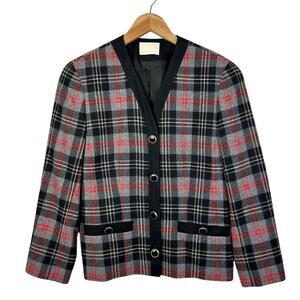 Vintage Pendleton Wool Plaid Blazer Jacket Size 8 Grey Red Black Tartan Classic
